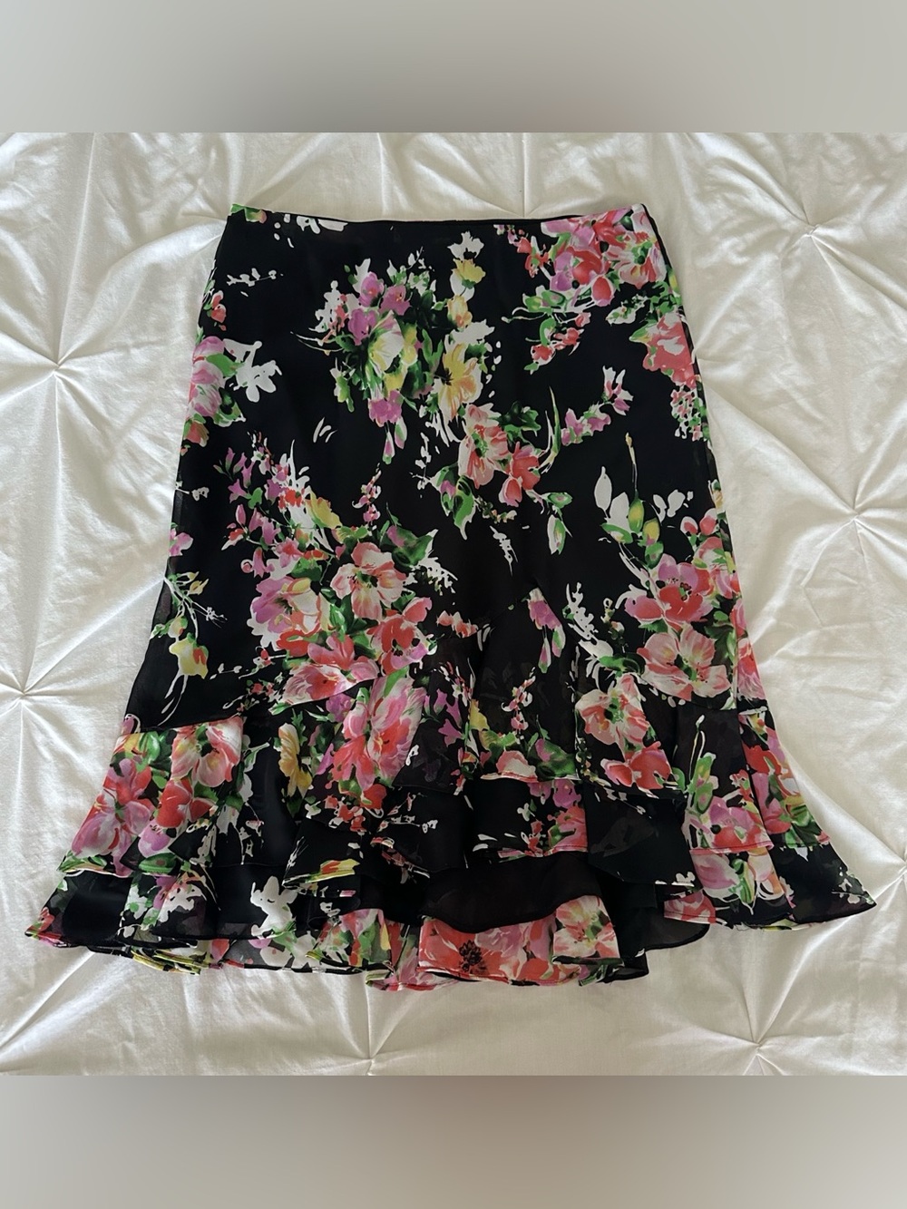 CHAPS Floral Ruffle Hem Skirt - Black with Pink & Green Floral